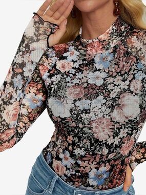 Dark Floral Mesh Mock Neck Top Size M Lettuce Trim Whimsigoth Dark Romantic Y2K